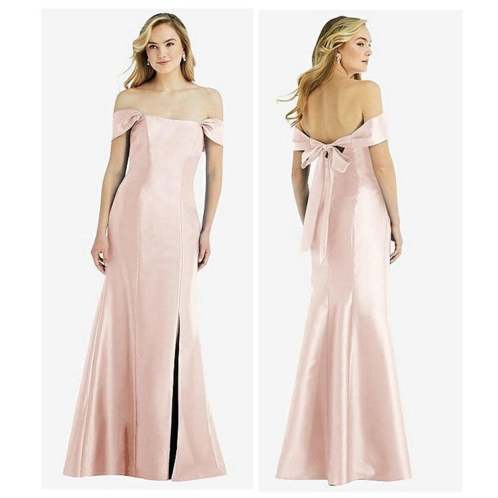 Alfred Sung Off-the-Shoulder Bow Back Satin Trumpet Gown Blush Satin Size 6 D793